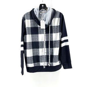 NWT Love Exclusive Women's Black White Plaid Hooded Sweatshirt Hoodie Size Med